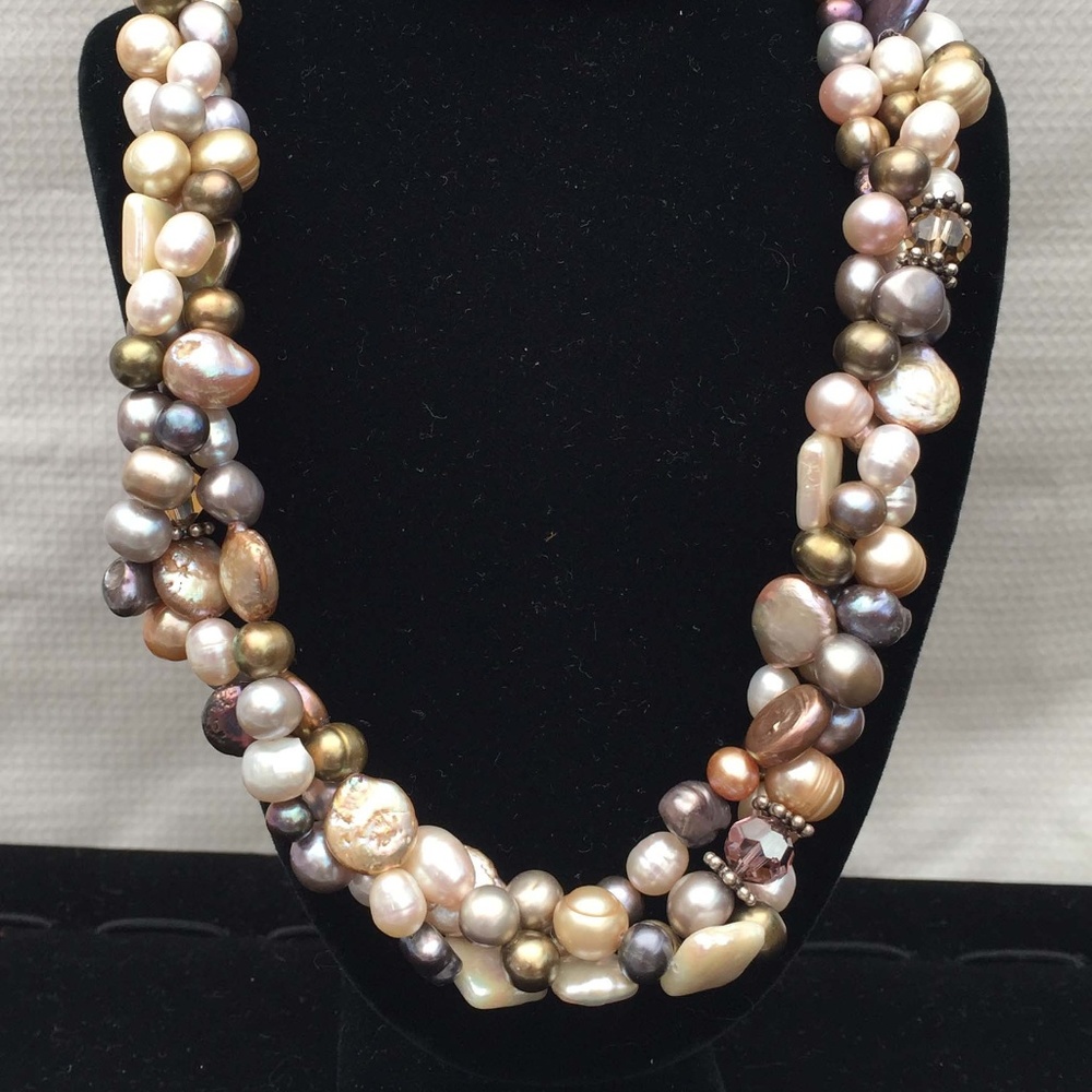 Triple Strand Genuine Pearl and Swarovski Necklace